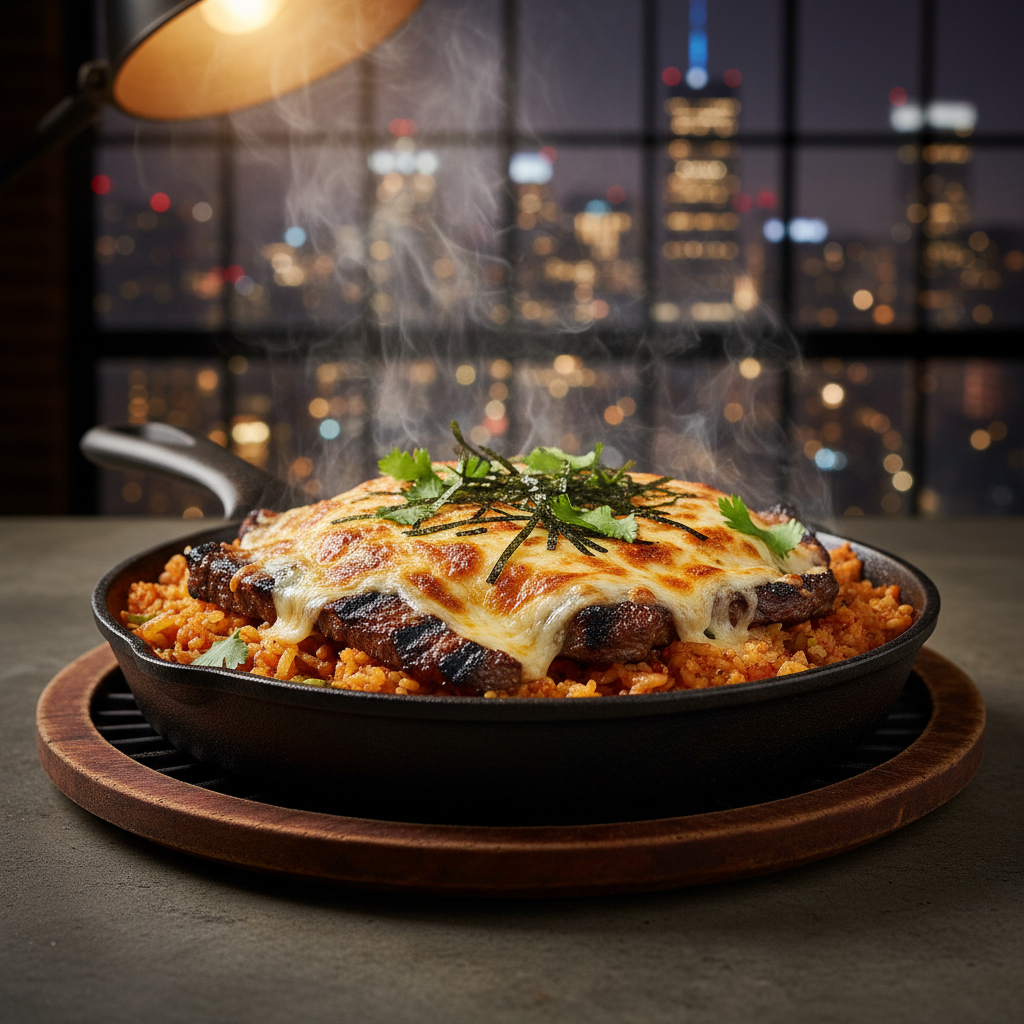 A close-up of a structurally honest fusion entree that clearly marries Korean and Mexican traditions: a sizzling cast-iron skillet layered with crispy-edged kimchi fried rice, charred carne asada strips, and a molten cheese crust, crowned with thin nori shreds and cilantro. The skillet rests on a blackened metal trivet atop a concrete countertop, with a blurred hint of a New York City skyline through a loft window in the background. Strong, warm spotlighting from above emphasizes bubbling cheese and rising steam, creating intense highlights and deep shadows. Photographic realism, captured at a three-quarter angle with tight framing, delivering a bold, punchy, high-contrast atmosphere.