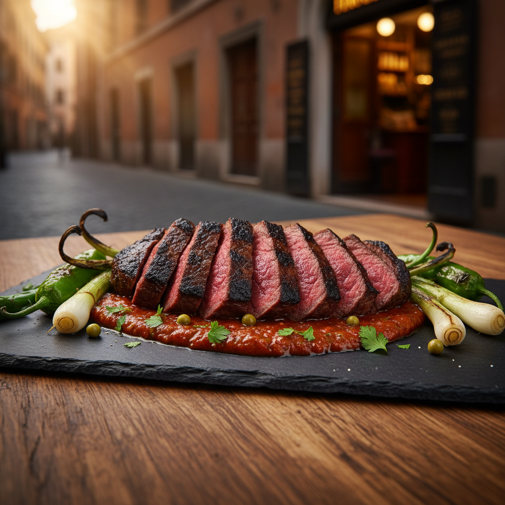 A dramatic close-up of a Sichuan-Argentine fusion steak: thick slices of perfectly medium-rare beef with a deep charred crust, fanned across a dark slate board. A glossy, brick-red Sichuan peppercorn and chimichurri sauce pools beneath, dotted with pickled green peppercorns and flecks of fresh parsley. Charred spring onions and grilled shishito peppers frame the steak. The board sits on a heavy, raw wood table in a dimly lit Rome side-street setting, with blurred cobblestones and a glowing trattoria doorway behind. A single warm spotlight from the upper left creates moody side-lighting, strong texture, and an intense, almost rock-concert energy. Photographic realism, shot at plate level with shallow depth of field.