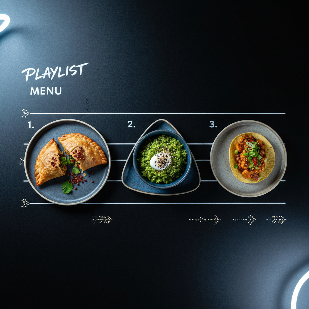 An overhead shot of a numbered set-list style menu board designed like a music playlist, laid flat on a matte black table. Each dish title is represented not with text, but by distinct, artfully plated mini fusion items placed in sequence: a Sichuan peppercorn-infused empanada, a tiny Korean-Argentine chimichurri rice bowl, and a taco filled with mapo tofu. Small geometric ceramic plates form a visual rhythm, with subtle arrows made from sesame seeds guiding the eye. Cool studio lighting from both sides minimizes shadows and keeps details crisp. Photographic realism with high contrast and sharp focus throughout, creating a rebellious, design-forward mood that feels young, loud, and playful.