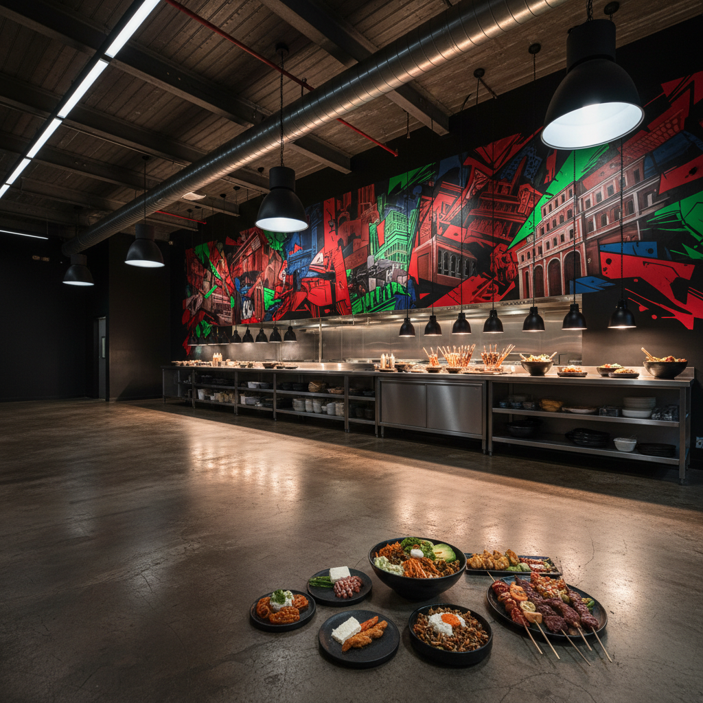 A wide interior shot of the Wokthisway dining room, empty of people but full of attitude. Raw concrete floors, exposed beams, and a long open kitchen lined with stainless-steel worktops where colorful fusion dishes—Korean-Mexican bowls, Sichuan-Argentine skewers, and double-culture small plates—are visibly staged under heat lamps. The far wall features a massive abstract mural suggesting Los Angeles, New York City, and Rome skylines colliding, rendered in bold reds, neon greens, and inky blacks. Overhead, industrial pendant lights and hidden LED strips throw sharp, contrasting light, creating hot spots and dramatic shadows. Photographic realism with a slightly wide-angle lens, eye-level composition, and a vibrant, high-energy atmosphere that feels unapologetic and loud.