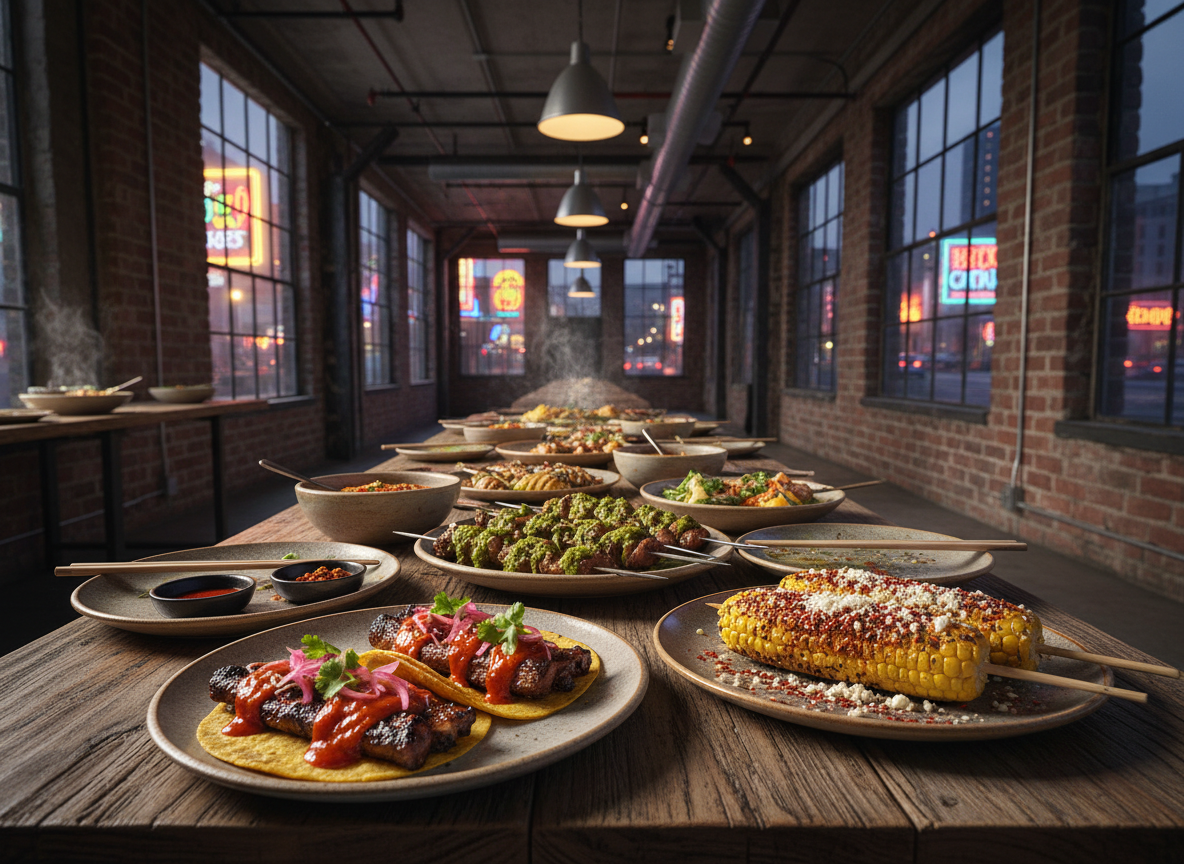 A long reclaimed-wood table lined with bold, mismatched fusion dishes that clearly merge two traditions per plate: smoky Korean short rib tacos with gochujang glaze in corn tortillas, Sichuan-spiced elote dusted with mala chili, and bright chimichurri-drizzled bulgogi skewers. The table sits in a raw, industrial dining room with exposed brick, visible ductwork, and a glimpse of a neon-lit Los Angeles street through large windows. Harsh, directional overhead pendant lights create dramatic highlights on glossy sauces and metal chopsticks, casting sharp shadows. Photographic realism from a slightly elevated angle, with shallow depth of field and a loud, energetic mood that feels unapologetically urban and modern.
